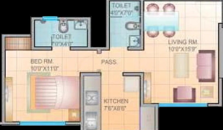 Floor plan of 1 BHK 670 Sq. Ft. Apartment in Rujuta Gloria, Pune