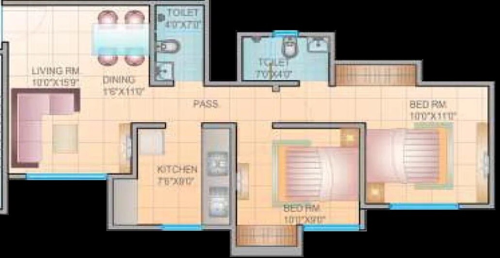 Floor plan of 2 BHK 1113 Sq. Ft. Apartment in Rujuta Gloria, Pune