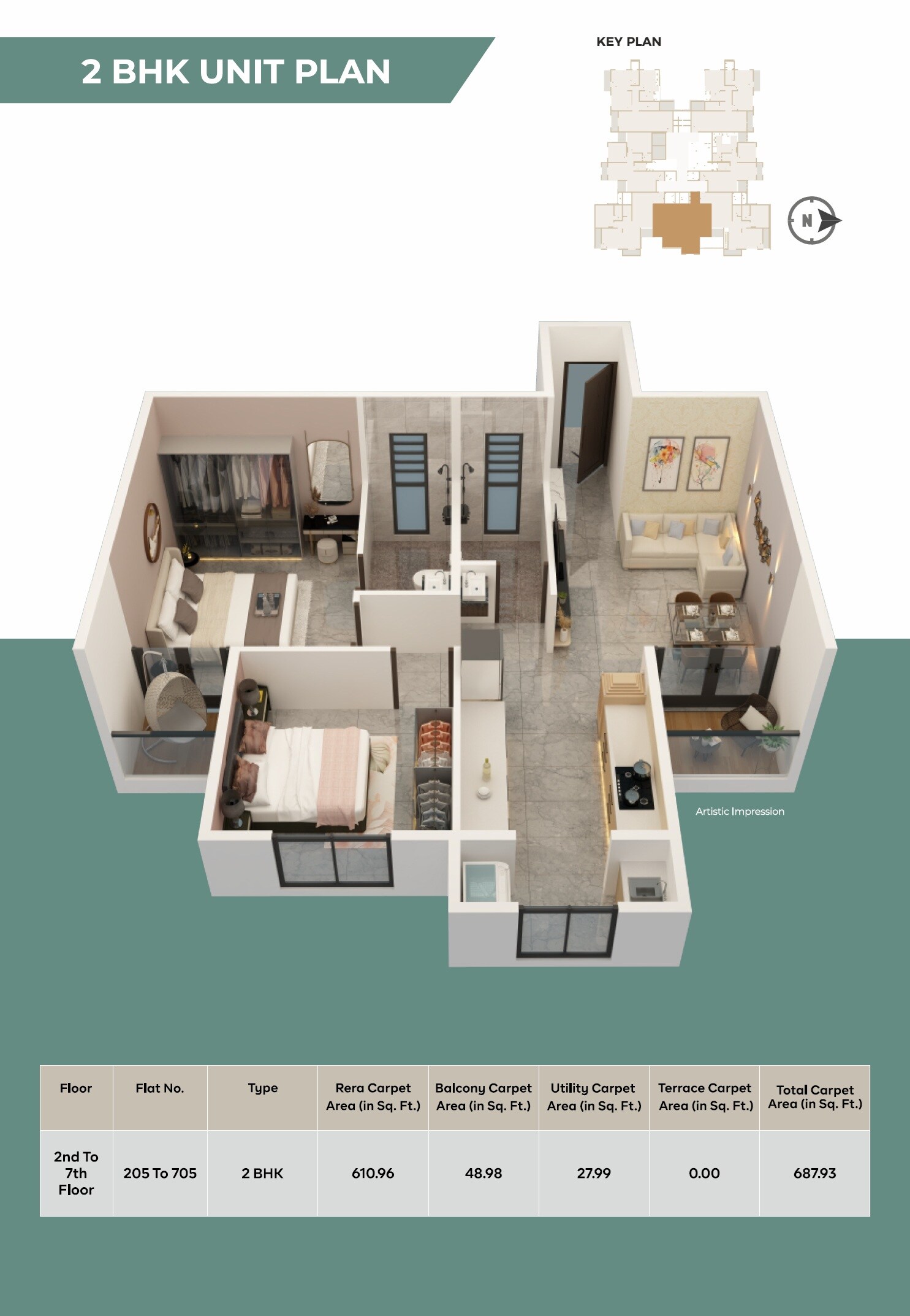 Floor plan of 2 BHK 687 Sq. Ft. Apartment in Runaa Saukhyam, Pune