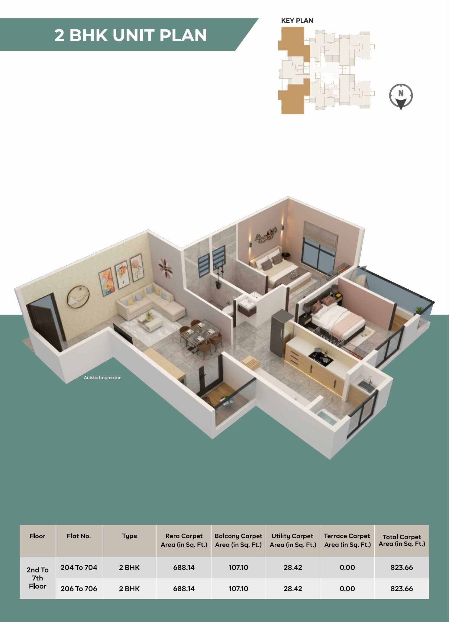Floor plan of 2 BHK 823 Sq. Ft. Apartment in Runaa Saukhyam, Pune