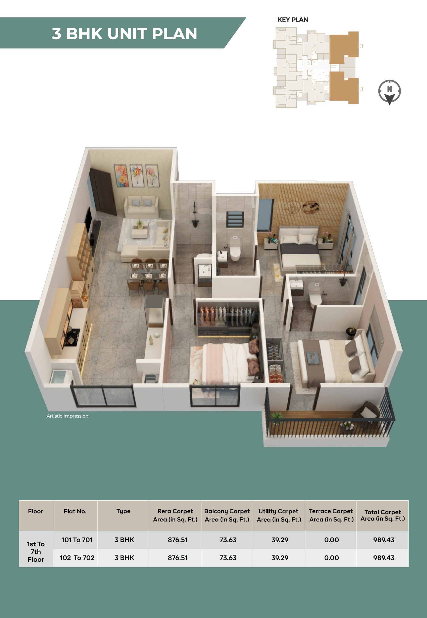 Floor plan of 3 BHK 989 Sq. Ft. Apartment in Runaa Saukhyam, Pune