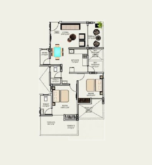 Floor plan of 2 BHK 596 Sq. Ft. Apartment in Runal Elanza, Pune