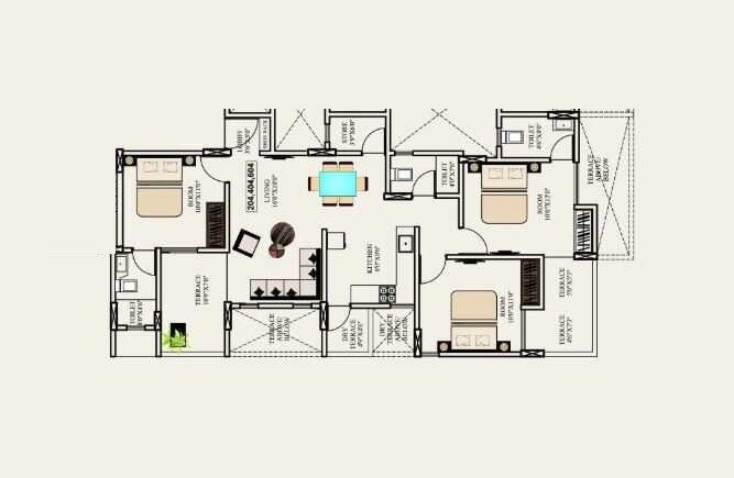 Floor plan of 3 BHK 761 Sq. Ft. Apartment in Runal Elanza, Pune