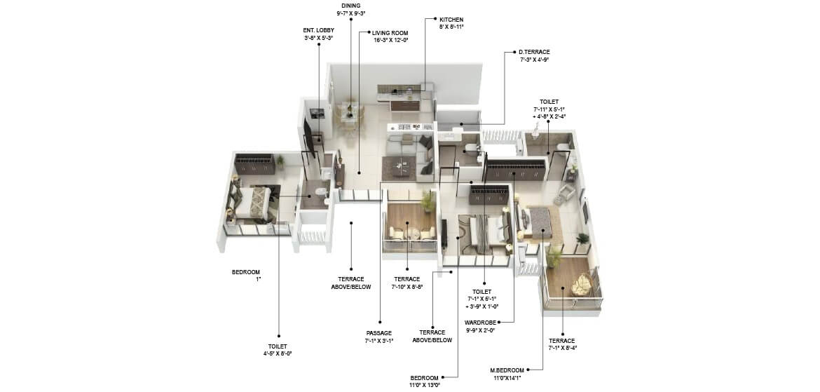 Floor plan of 3 BHK 1244 Sq. Ft. Apartment in Runal Gateway, Pune