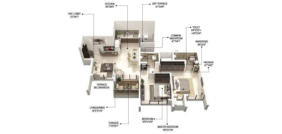 Floor plan of 2 BHK 646 Sq. Ft. Apartment in Runal Gateway Phase 3, Pune