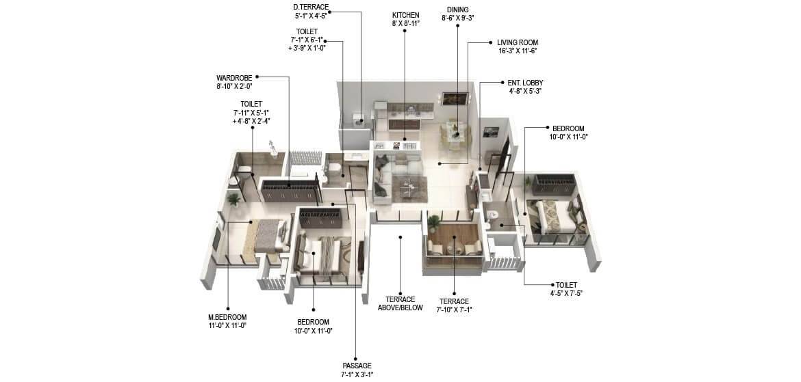 Floor plan of 3 BHK 915 Sq. Ft. Apartment in Runal Gateway Phase 3, Pune