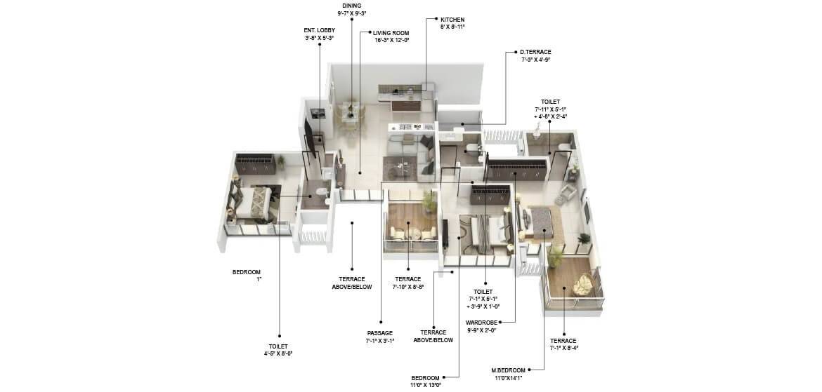 Floor plan of 3 BHK 961 Sq. Ft. Apartment in Runal Gateway Phase 3, Pune
