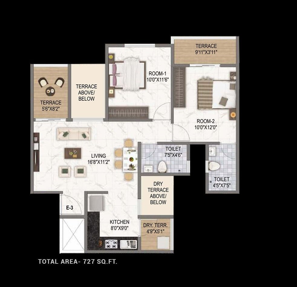 Floor plan of 2 BHK 727 Sq. Ft. Apartment in Runal Spacio, Pune