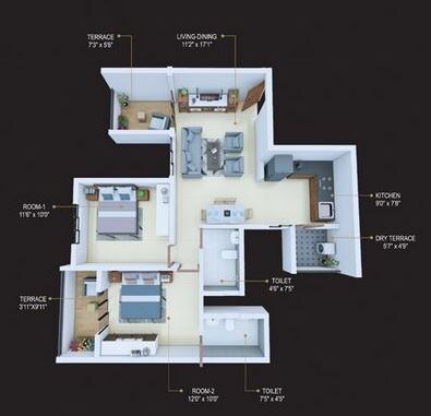 Floor plan of 2 BHK 672 Sq. Ft. Apartment in Runal Spacio, Pune