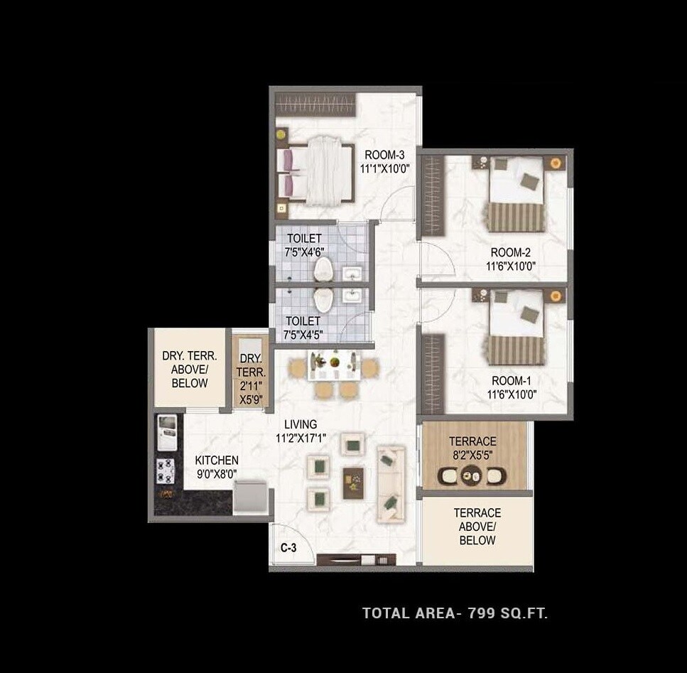 Floor plan of 3 BHK 799 Sq. Ft. Apartment in Runal Spacio, Pune