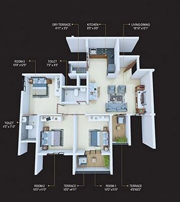 Floor plan of 3 BHK 905 Sq. Ft. Apartment in Runal Spacio, Pune