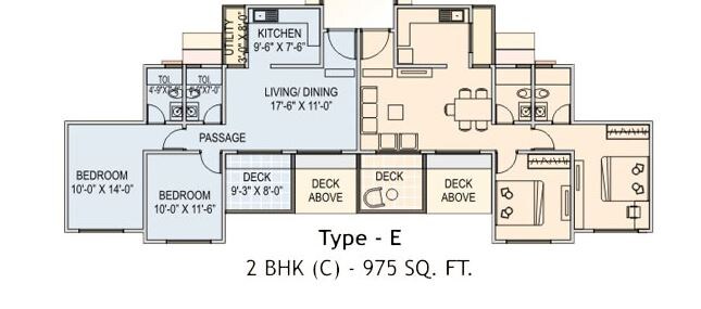 Floor plan of 2 BHK Apartment - 975 sq. ft. in Runwal Euphoria, Pune