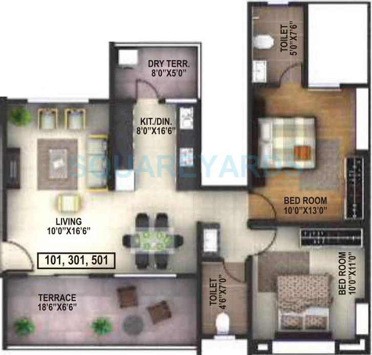 Floor plan of 2 BHK 1074 Sq. Ft. Apartment in Runwal Savoir Faire, Pune