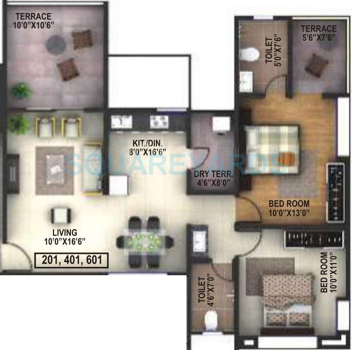 Floor plan of 2 BHK 1102 Sq. Ft. Apartment in Runwal Savoir Faire, Pune