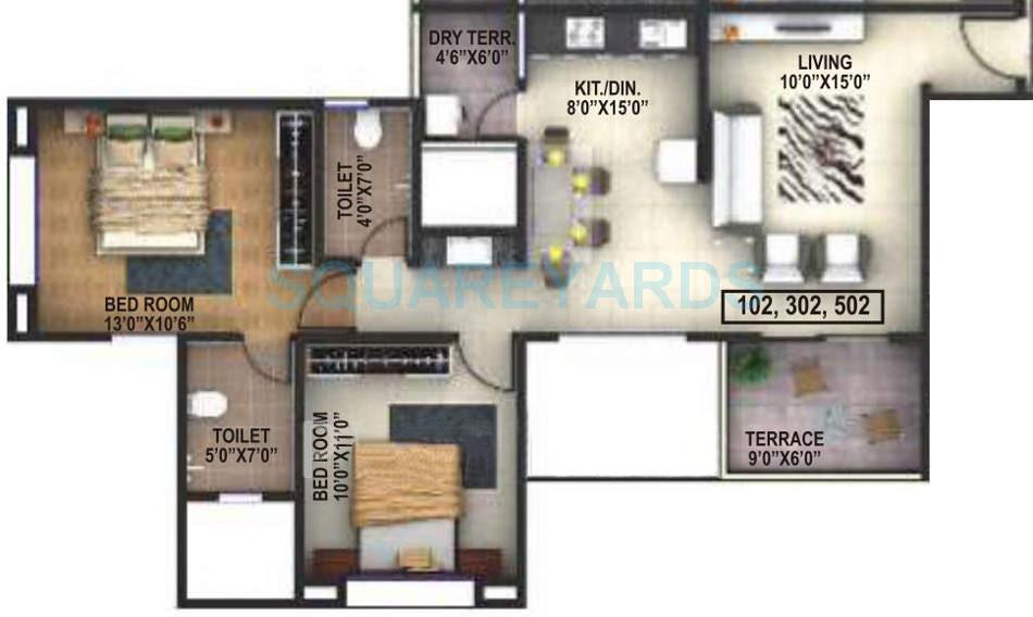 Floor plan of 2 BHK 945 Sq. Ft. Apartment in Runwal Savoir Faire, Pune