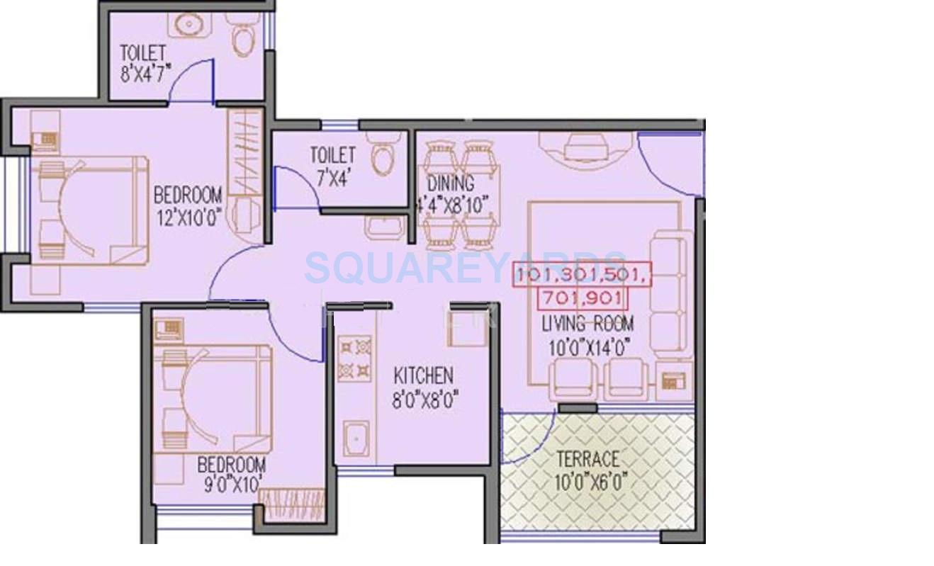 Floor plan of 2 BHK 706 Sq. Ft. Apartment in Runwal Seagull, Pune