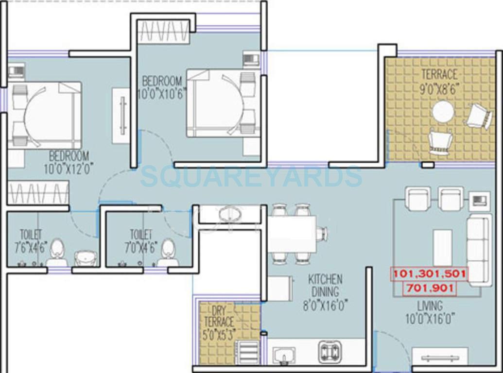 Floor plan of 2 BHK 835 Sq. Ft. Apartment in Runwal Seagull, Pune