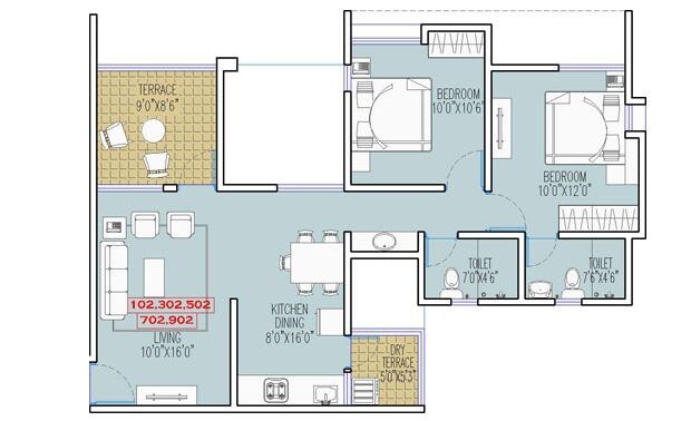 Floor plan of 2 BHK 980 Sq. Ft. Apartment in Runwal Seagull, Pune
