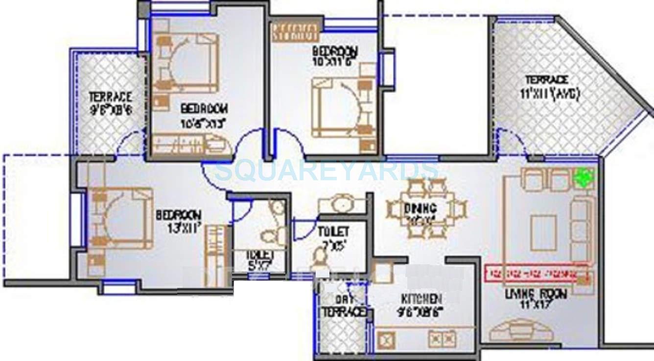 Floor plan of 3 BHK 1140 Sq. Ft. Apartment in Runwal Seagull, Pune