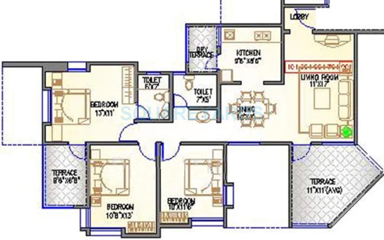 Floor plan of 3 BHK 1161 Sq. Ft. Apartment in Runwal Seagull, Pune