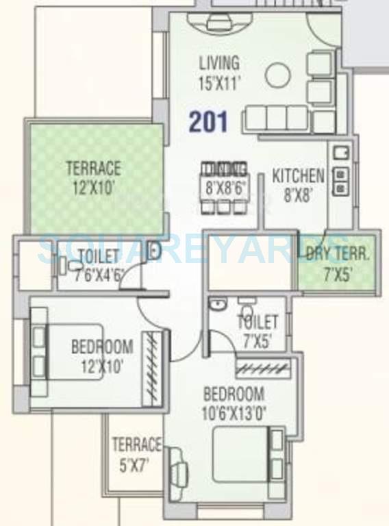 Floor plan of 2 BHK 973 Sq. Ft. Apartment in Runwal Snehanjali, Pune