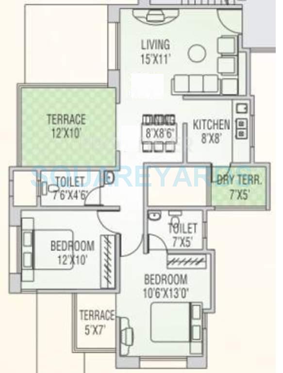 Floor plan of 2 BHK 994 Sq. Ft. Apartment in Runwal Snehanjali, Pune