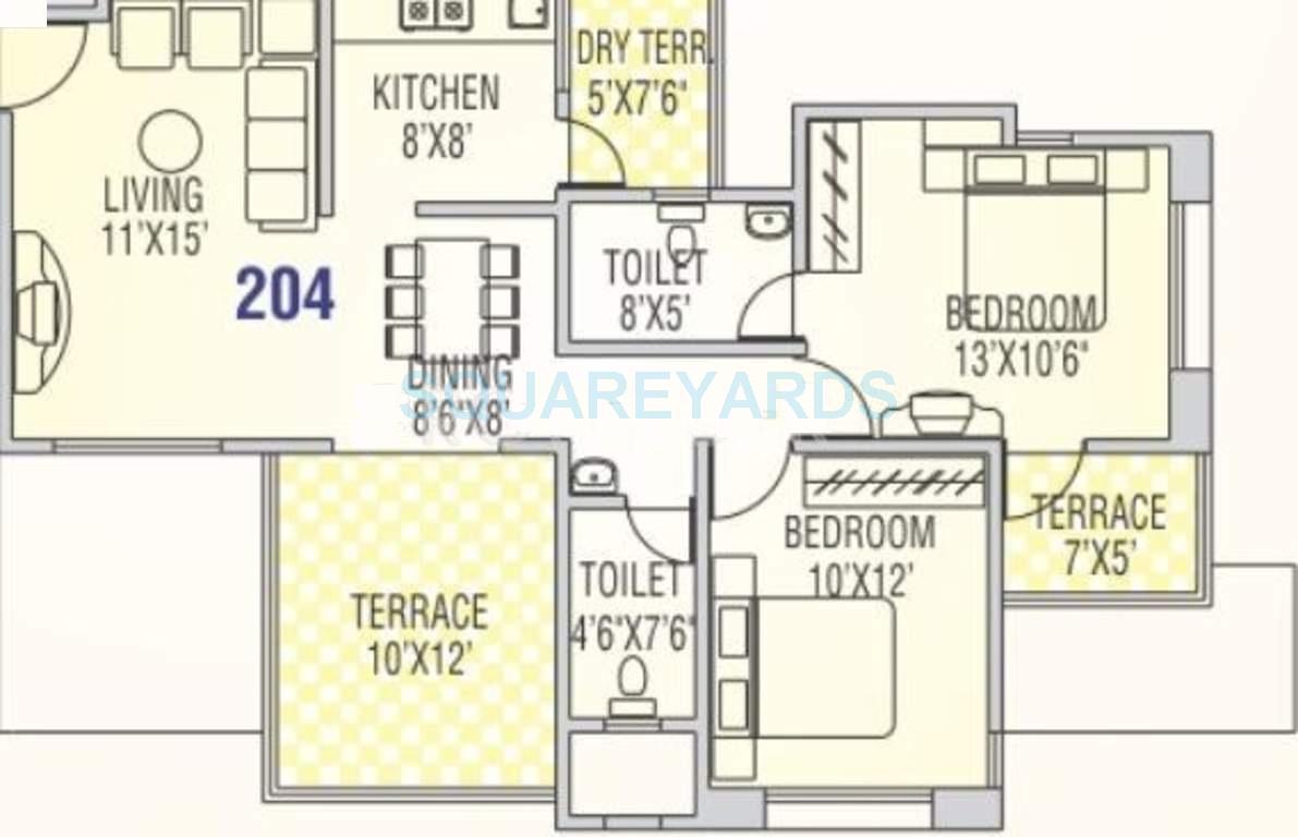 Floor plan of 2 BHK 996 Sq. Ft. Apartment in Runwal Snehanjali, Pune