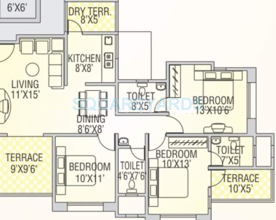 Floor plan of 3 BHK 1186 Sq. Ft. Apartment in Runwal Snehanjali, Pune