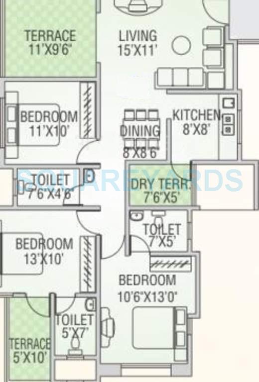 Floor plan of 3 BHK 1196 Sq. Ft. Apartment in Runwal Snehanjali, Pune