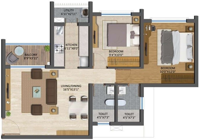 2 BHK 666 Sq. Ft. Apartment