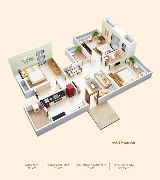 Floor plan of 3 BHK 843 Sq. Ft. Apartment in RVK Kshitij, Pune