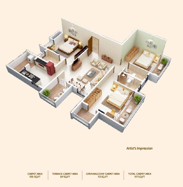 Floor plan of 3 BHK 935 Sq. Ft. Apartment in RVK Kshitij, Pune
