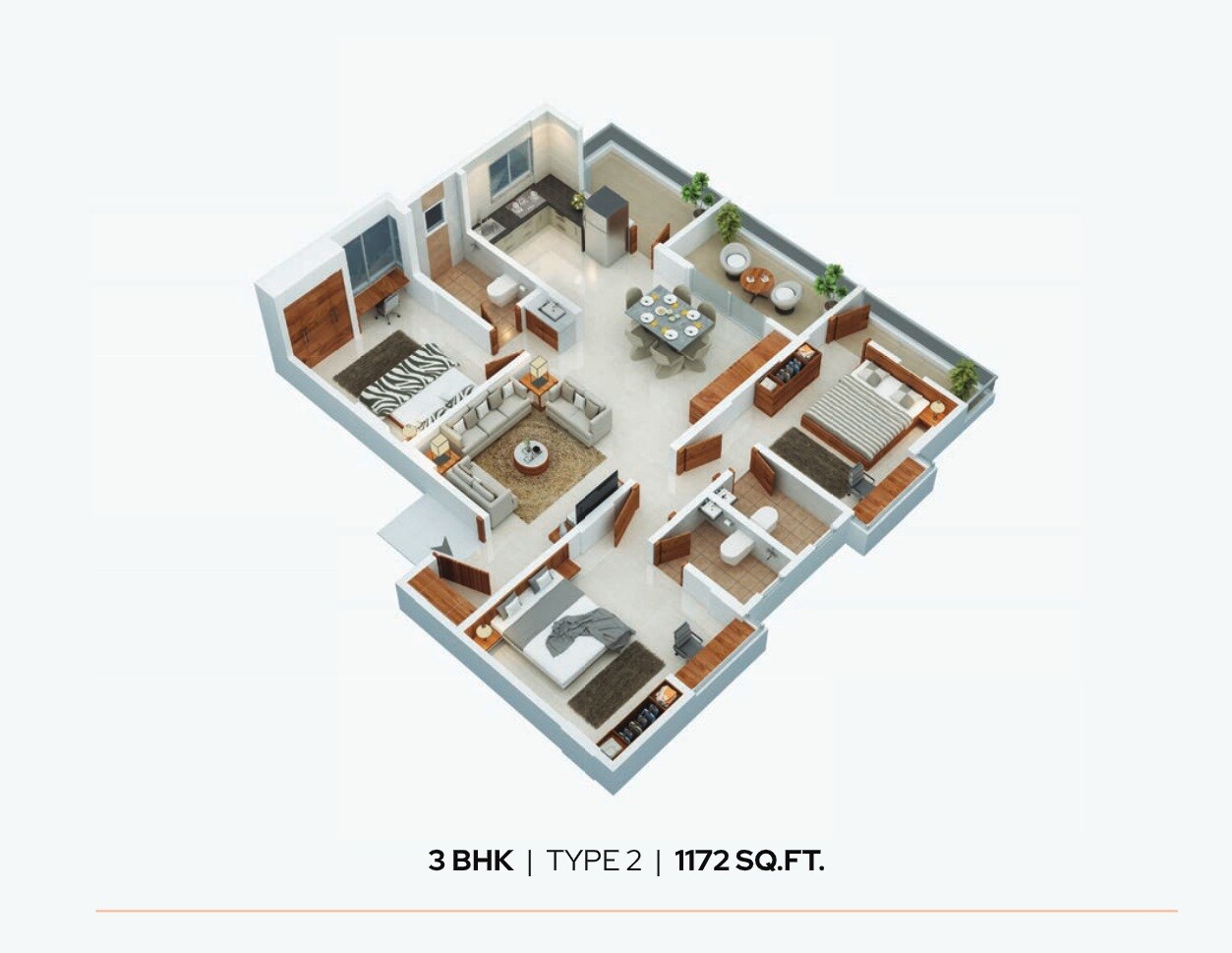 Floor plan of 3 BHK 1172 Sq. Ft. Apartment in RVK Tarang, Pune