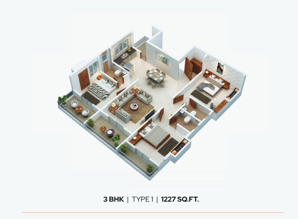 Floor plan of 3 BHK 1227 Sq. Ft. Apartment in RVK Tarang, Pune