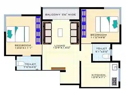Floor plan of 2 BHK 569 Sq. Ft. Apartment in RVR Arohan, Pune