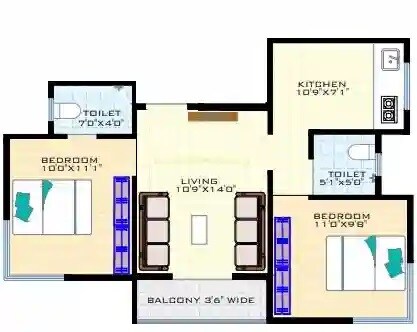 Floor plan of 2 BHK 581 Sq. Ft. Apartment in RVR Arohan, Pune