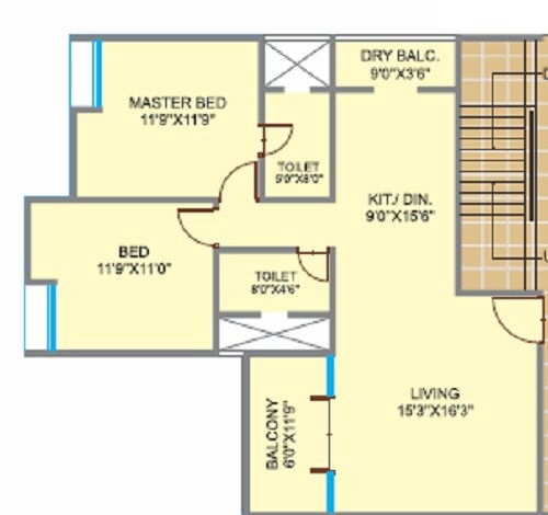 Floor plan of 2 BHK 912 Sq. Ft. Apartment in S And S Windsor Tower, Pune