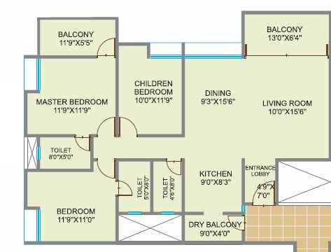 Floor plan of 3 BHK 1263 Sq. Ft. Apartment in S And S Windsor Tower, Pune