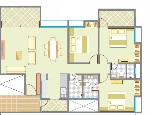 Floor plan of 3 BHK 1278 Sq. Ft. Apartment in S And S Windsor Tower, Pune