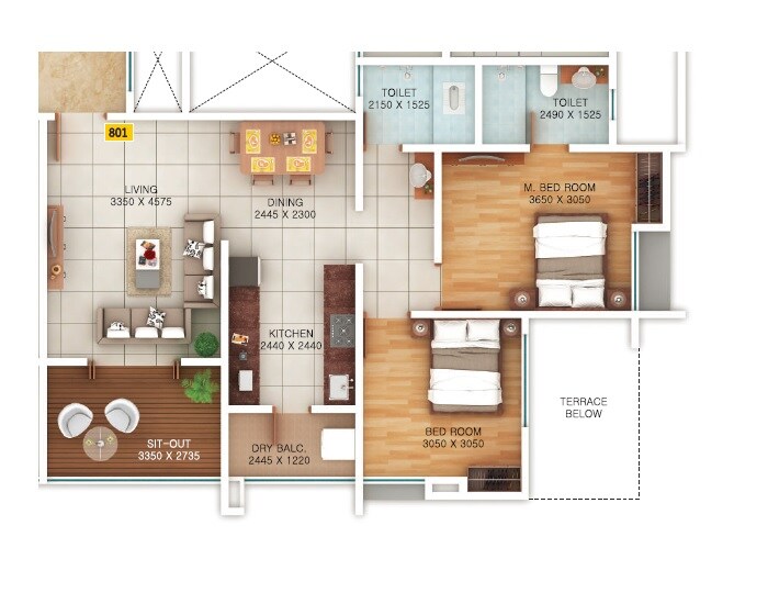 Floor plan of 2 BHK 496 Sq. Ft. Apartment in S R Swasthi, Pune
