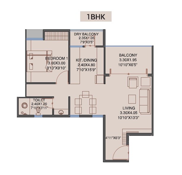 1 BHK 349 Sq. Ft. Apartment