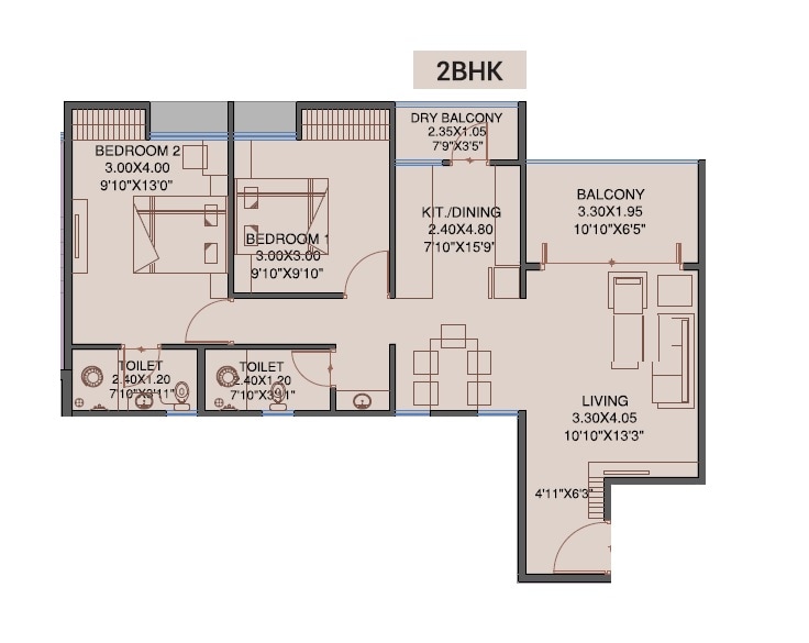 2 BHK 543 Sq. Ft. Apartment