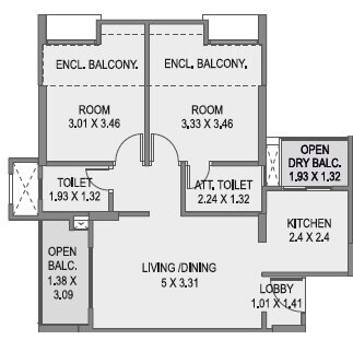 Floor plan of 2 BHK 517 Sq. Ft. Apartment in Saarrthi Savvy Homes, Pune