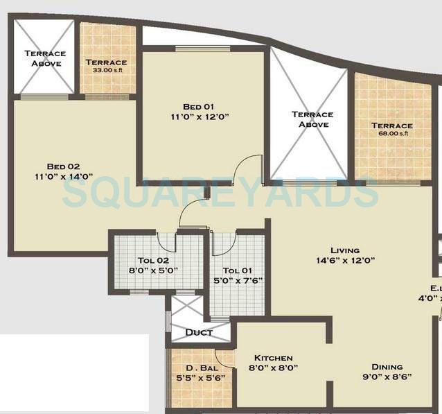 Floor plan of 2 BHK 1135 Sq. Ft. Apartment in Saarrthi Shimmer N Shine, Pune