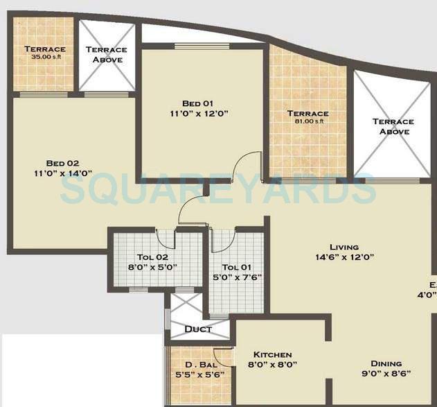 Floor plan of 2 BHK 1158 Sq. Ft. Apartment in Saarrthi Shimmer N Shine, Pune