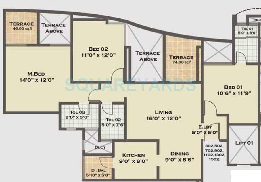 Floor plan of 3 BHK 1491 Sq. Ft. Apartment in Saarrthi Shimmer N Shine, Pune