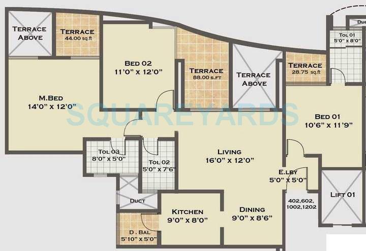 Floor plan of 3 BHK 1548 Sq. Ft. Apartment in Saarrthi Shimmer N Shine, Pune