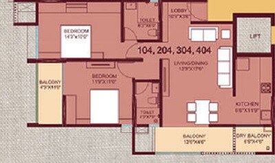 Floor plan of 2 BHK 747 Sq. Ft. Apartment in Saarrthi Signature Tower 2, Pune