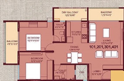 Floor plan of 2 BHK 752 Sq. Ft. Apartment in Saarrthi Signature Tower 2, Pune