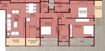Floor plan of 3 BHK 1087 Sq. Ft. Apartment in Saarrthi Signature Tower 2, Pune